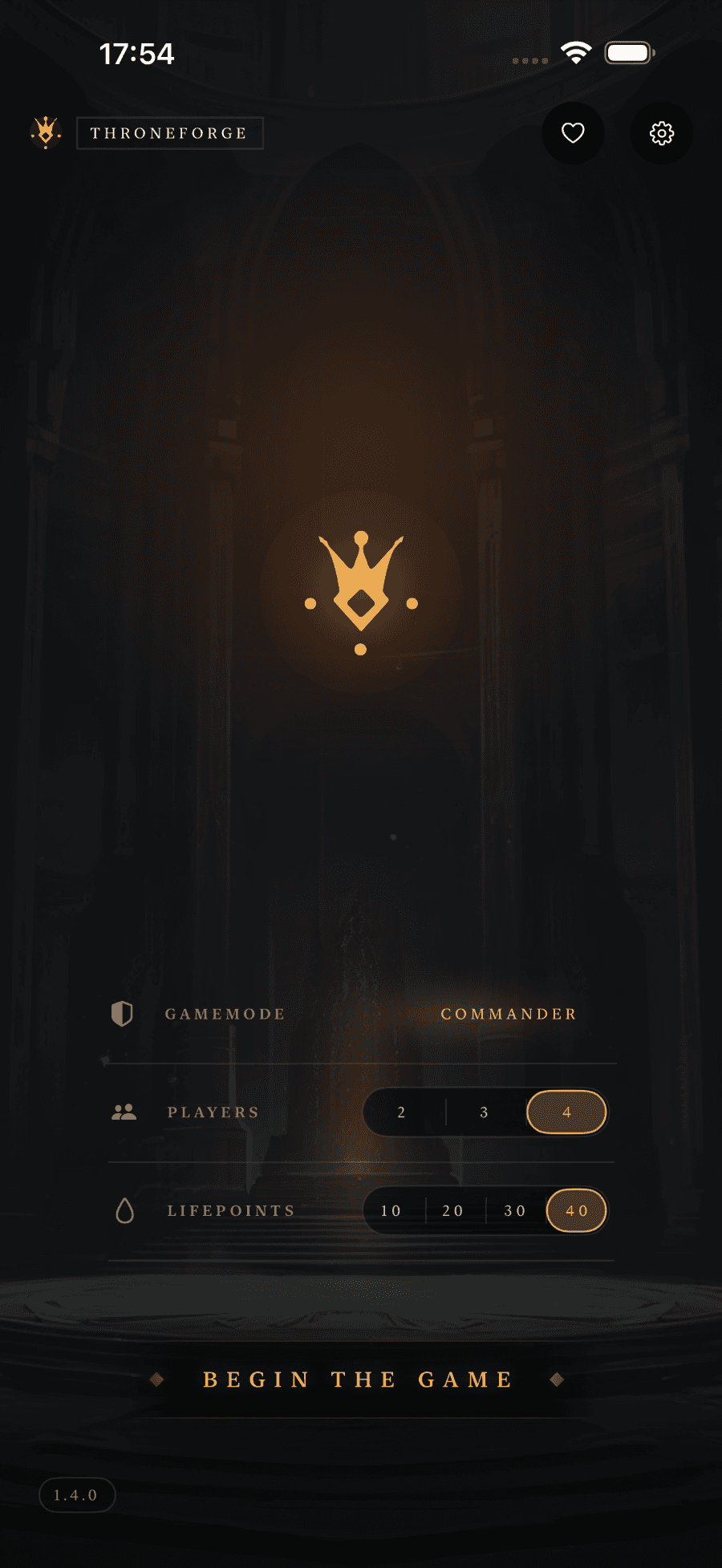 Throneforge home screen - choose game mode, players, and life points